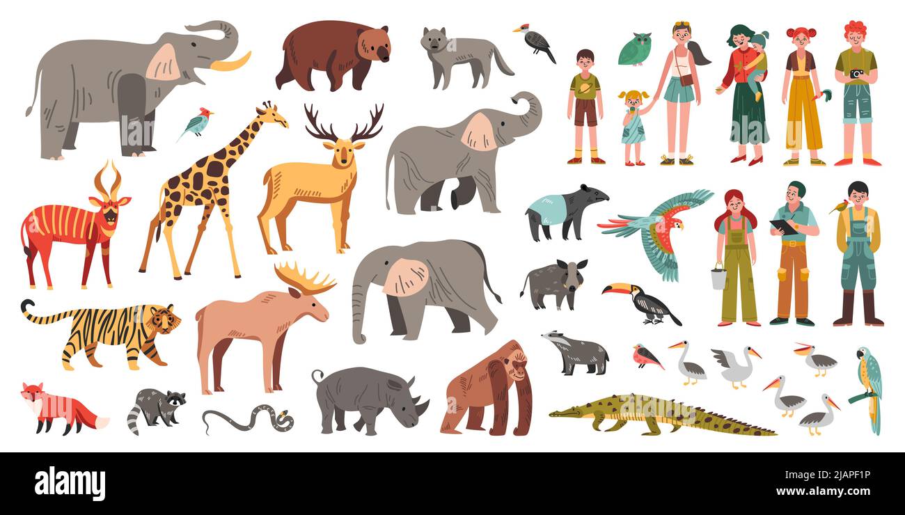 Zoo plat avec différents animaux oiseaux heureux visiteurs et zookeepers isolés sur fond blanc illustration vectorielle Illustration de Vecteur