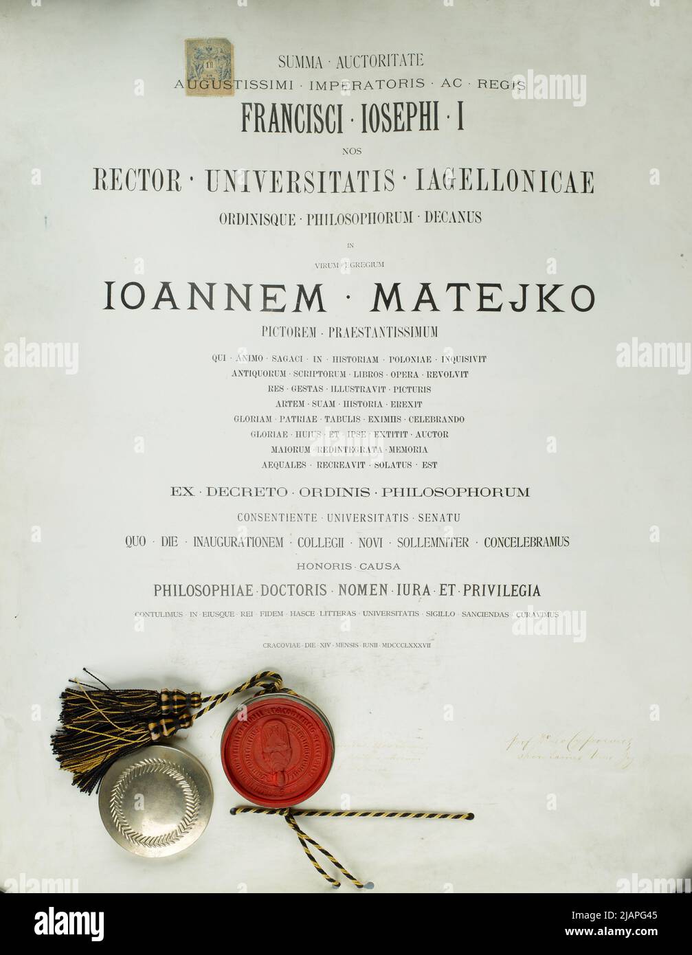 Diplôme de Matejko pour sa nomination comme docteur honoris causa en philosophie à l'Université Jagiellonian Banque D'Images