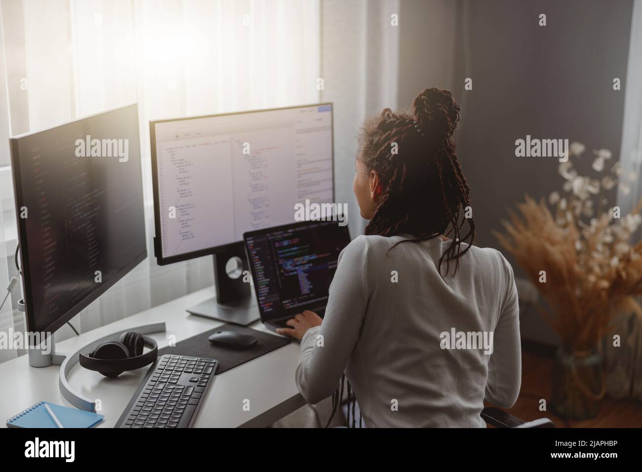 Arrière de la jeune femme regardant l'écran d'ordinateur tout en travaillant la programmation sur ordinateur portable Banque D'Images