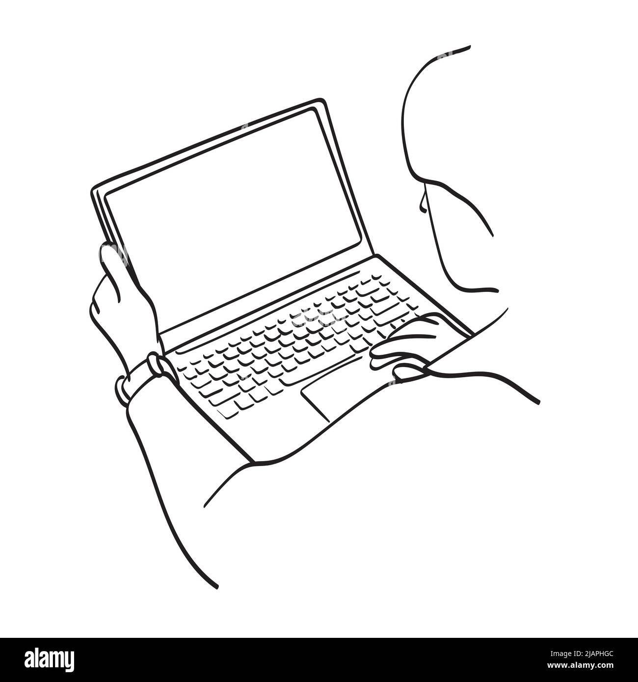 line art vue arrière gros plan homme d'affaires utilisant ordinateur portable avec écran vierge illustration vecteur main dessiné isolé sur fond blanc Illustration de Vecteur