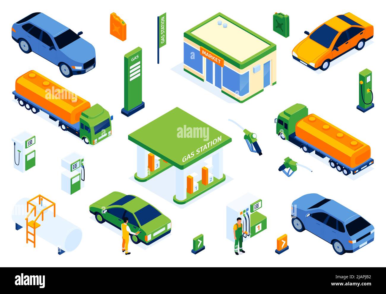 Jeu de couleurs isométriques de station-service avec icônes isolées de voitures et camions-citernes avec supports à essence illustration vectorielle Illustration de Vecteur