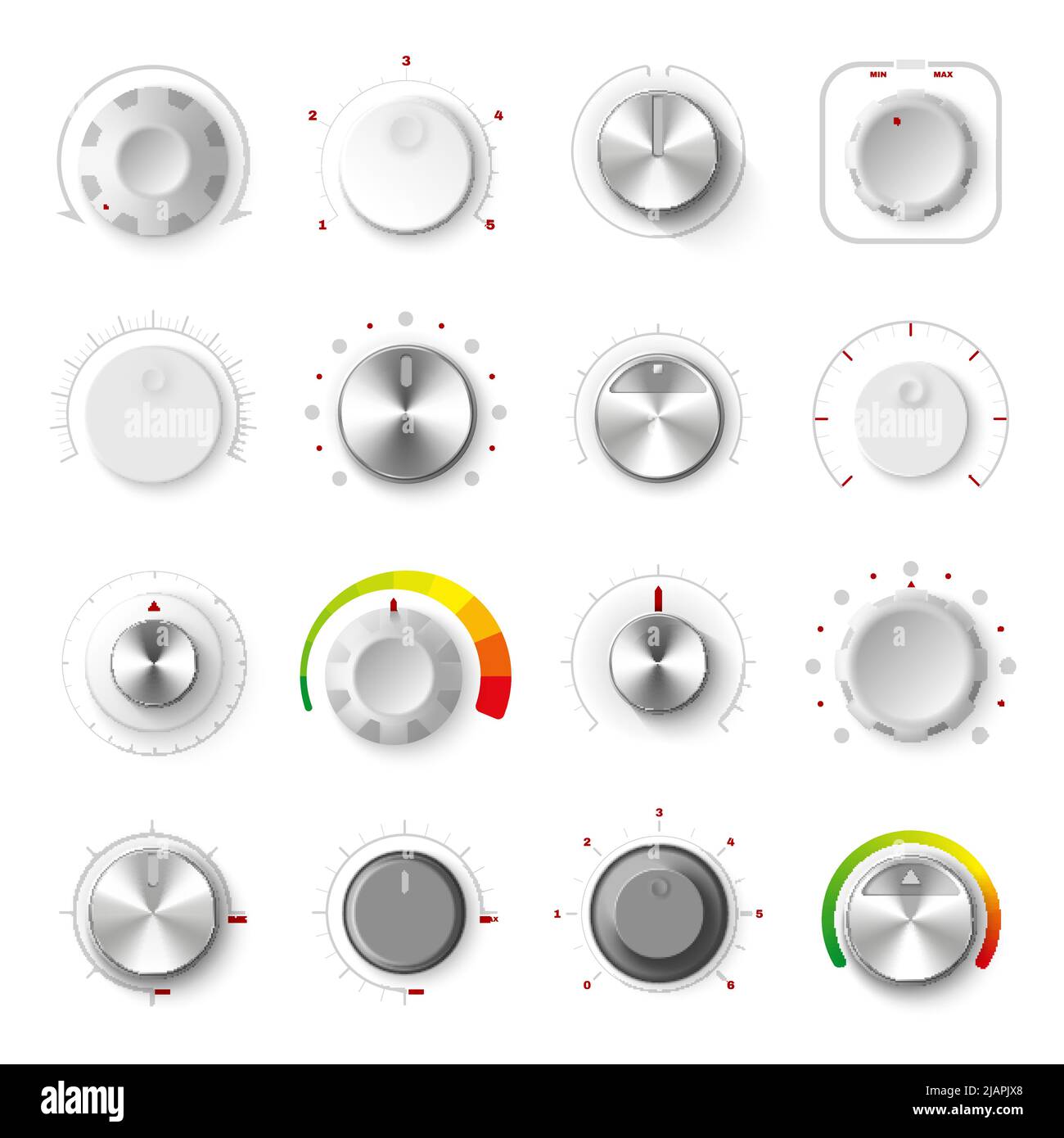 Cadran de réglage rond sur fond blanc jeu réaliste de boutons analogiques pour l'illustration de vecteur isolé de contrôle de niveau Illustration de Vecteur