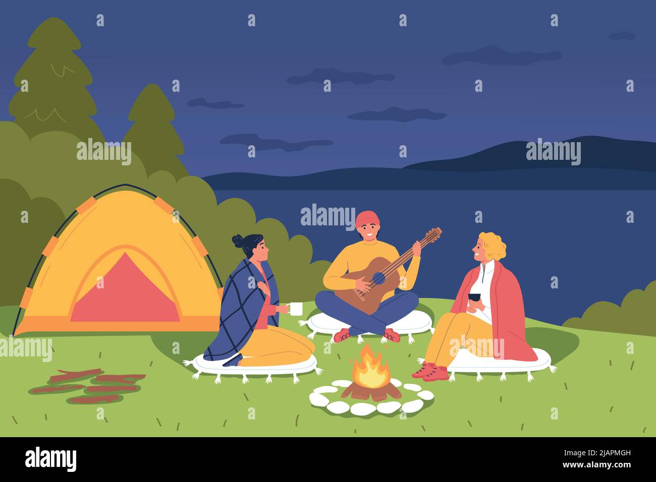 Camping fond plat couleur avec des personnes assis le soir autour de feu de joie avec illustration de vecteur guitare Illustration de Vecteur