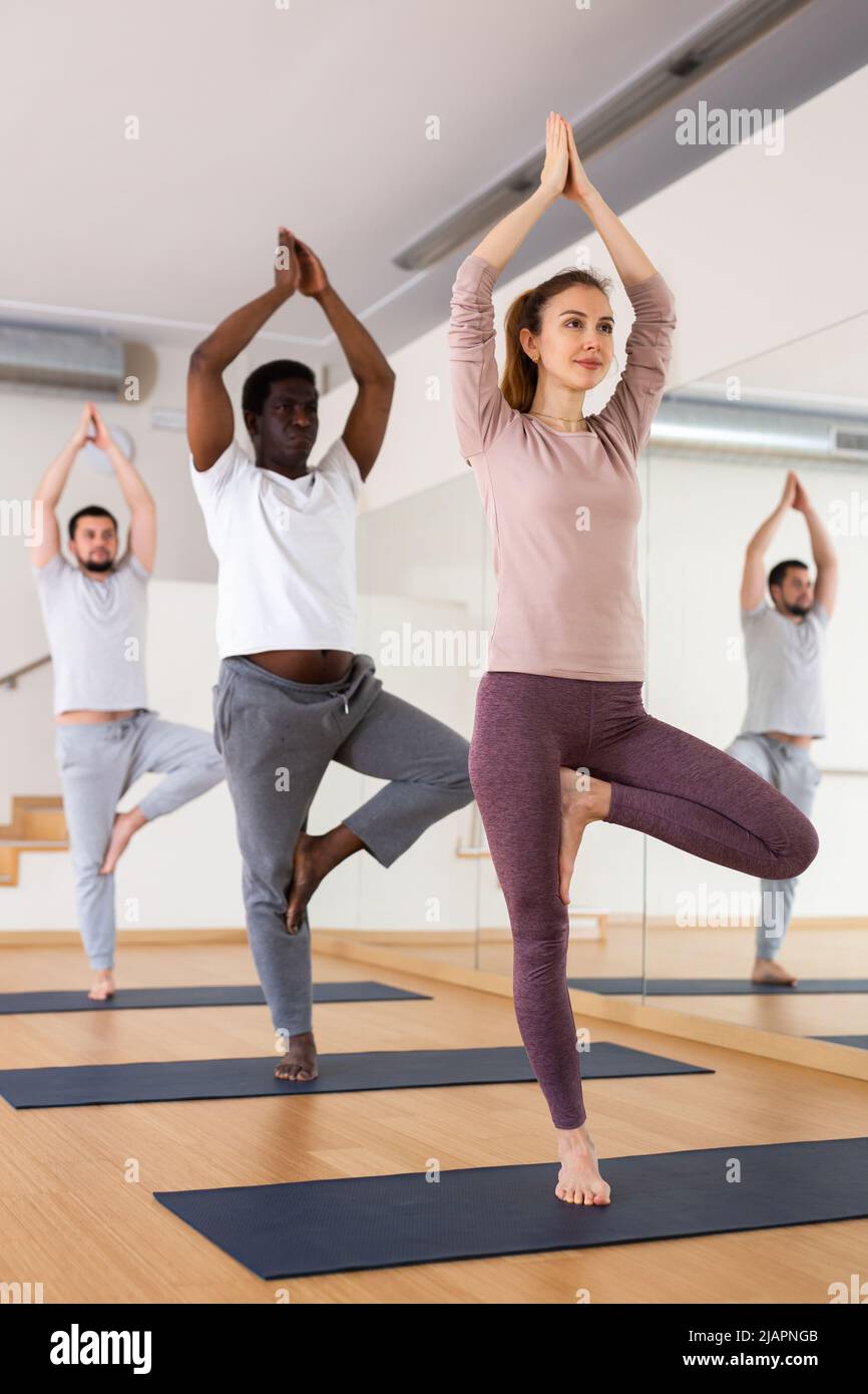 Groupe de personnes pratiquant la pose d'arbre dans la salle de gym Banque D'Images