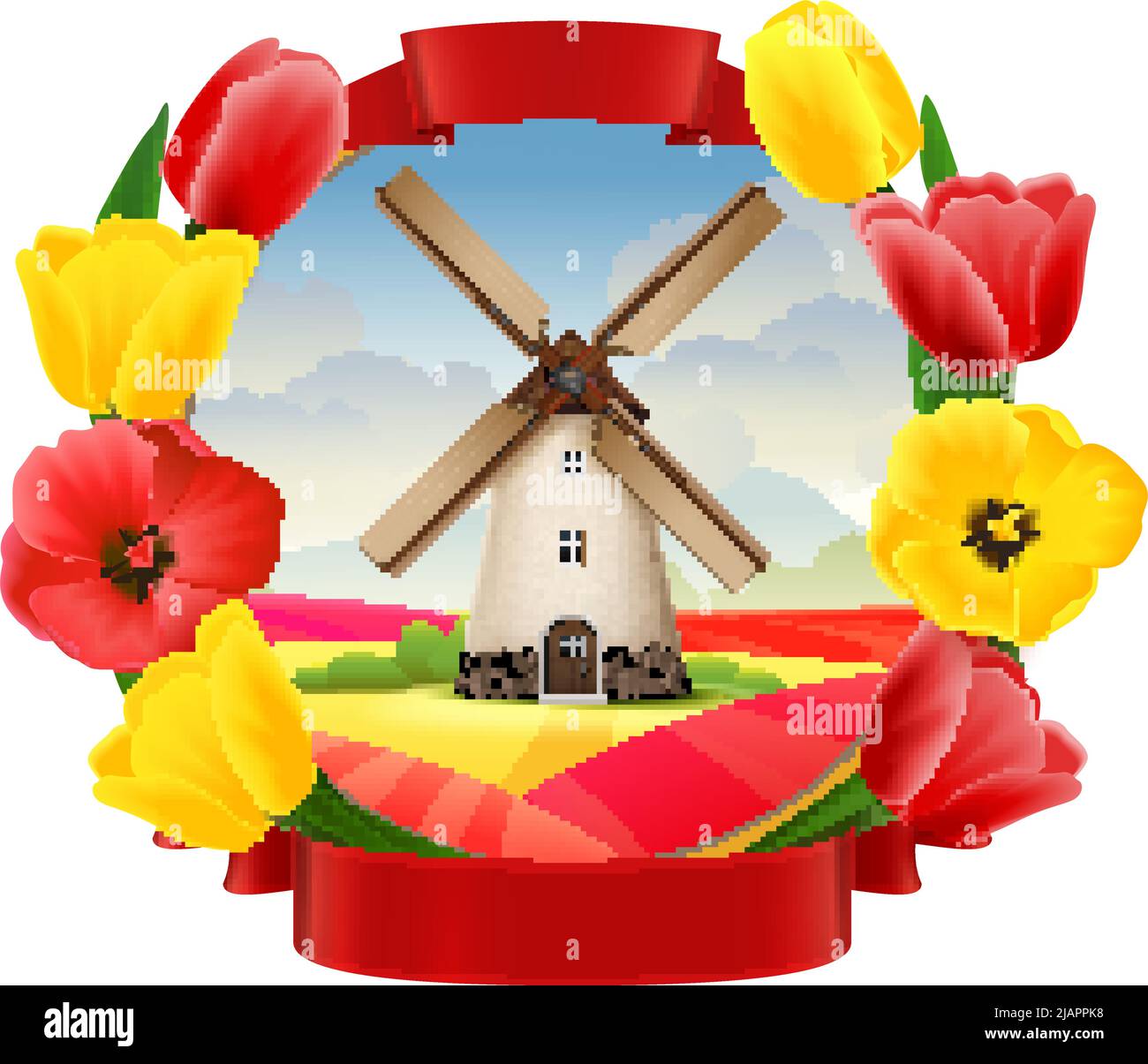 Ancien moulin emblème réaliste décoré avec cadre de fleurs de printemps rouges et jaunes illustration vectorielle isolée Illustration de Vecteur