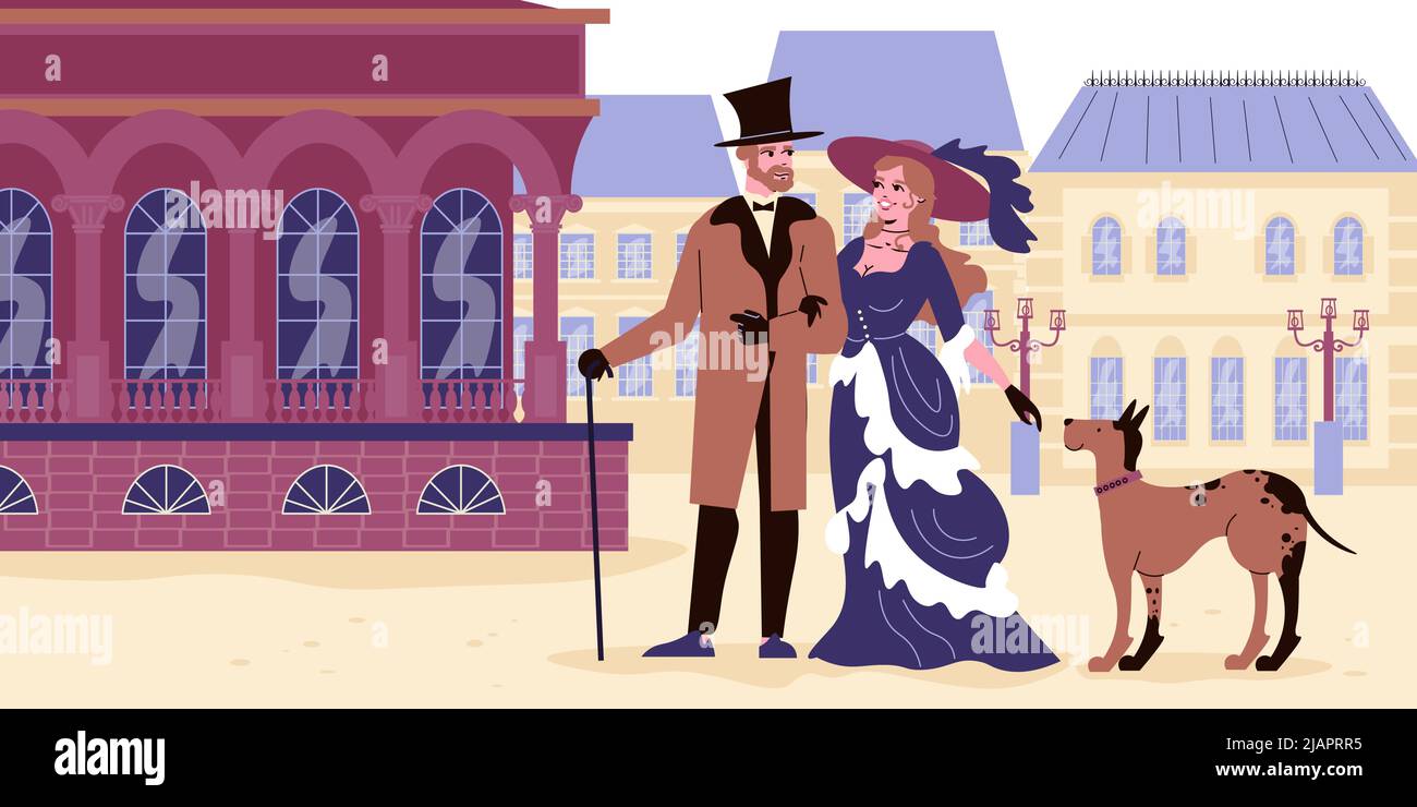 Illustration victorienne à plat avec dame et gentleman vêtus de vêtements du 18th siècle à l'ancienne ville bâtiments illustration vectorielle de fond Illustration de Vecteur