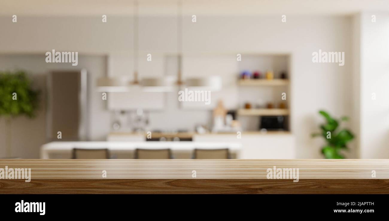 Plan de table en bois sur fond de pièce de cuisine flou, moderne contemporain cuisine salle intérieur.3D rendu Banque D'Images