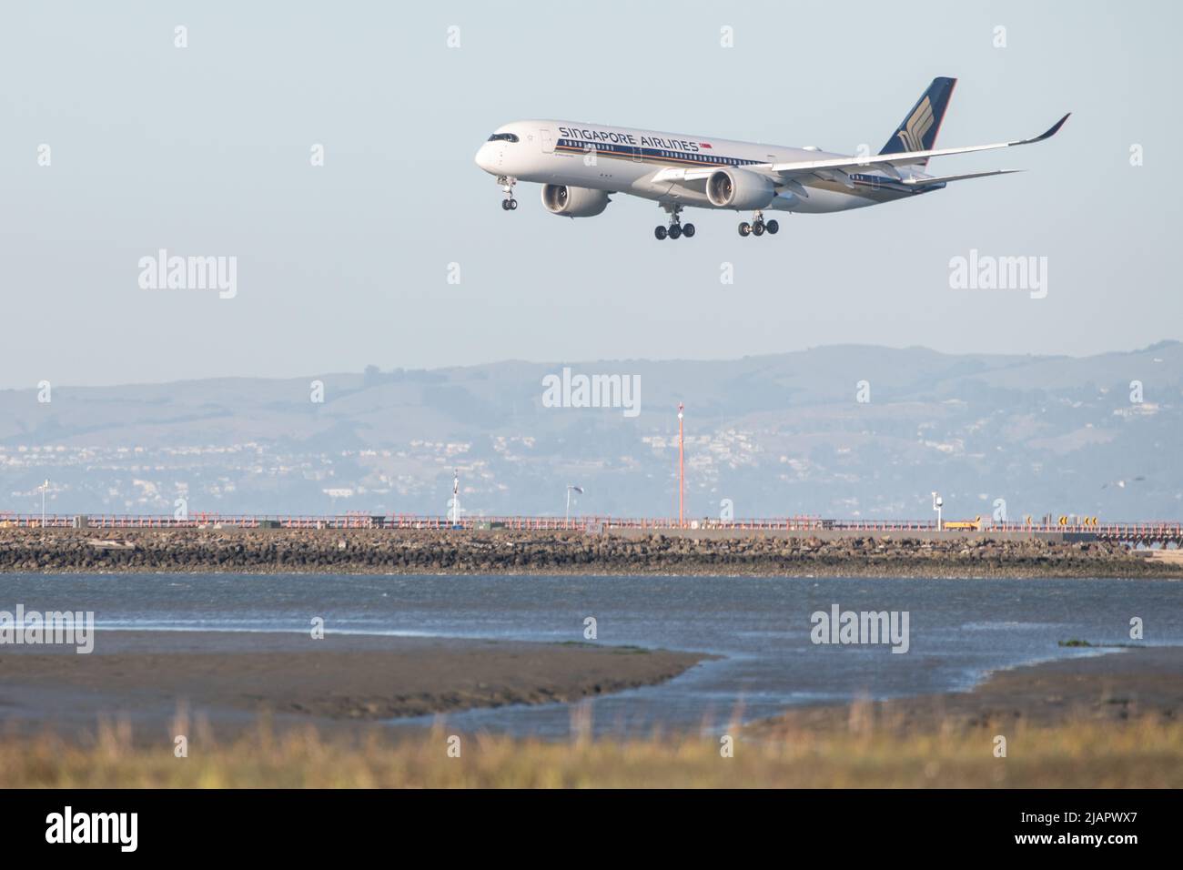 Un avion de la compagnie aérienne de singapour arrive pour un atterrissage à l'aéroport international de San Francisco, Californie, États-Unis. Banque D'Images