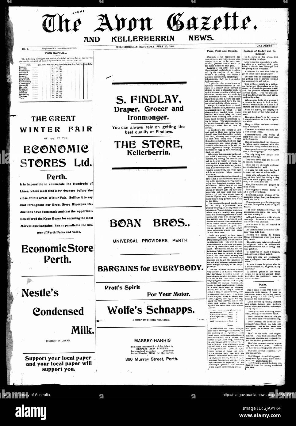 Première page du premier numéro de The Avon Gazette et Kellerberrin News ca. 1914 Banque D'Images