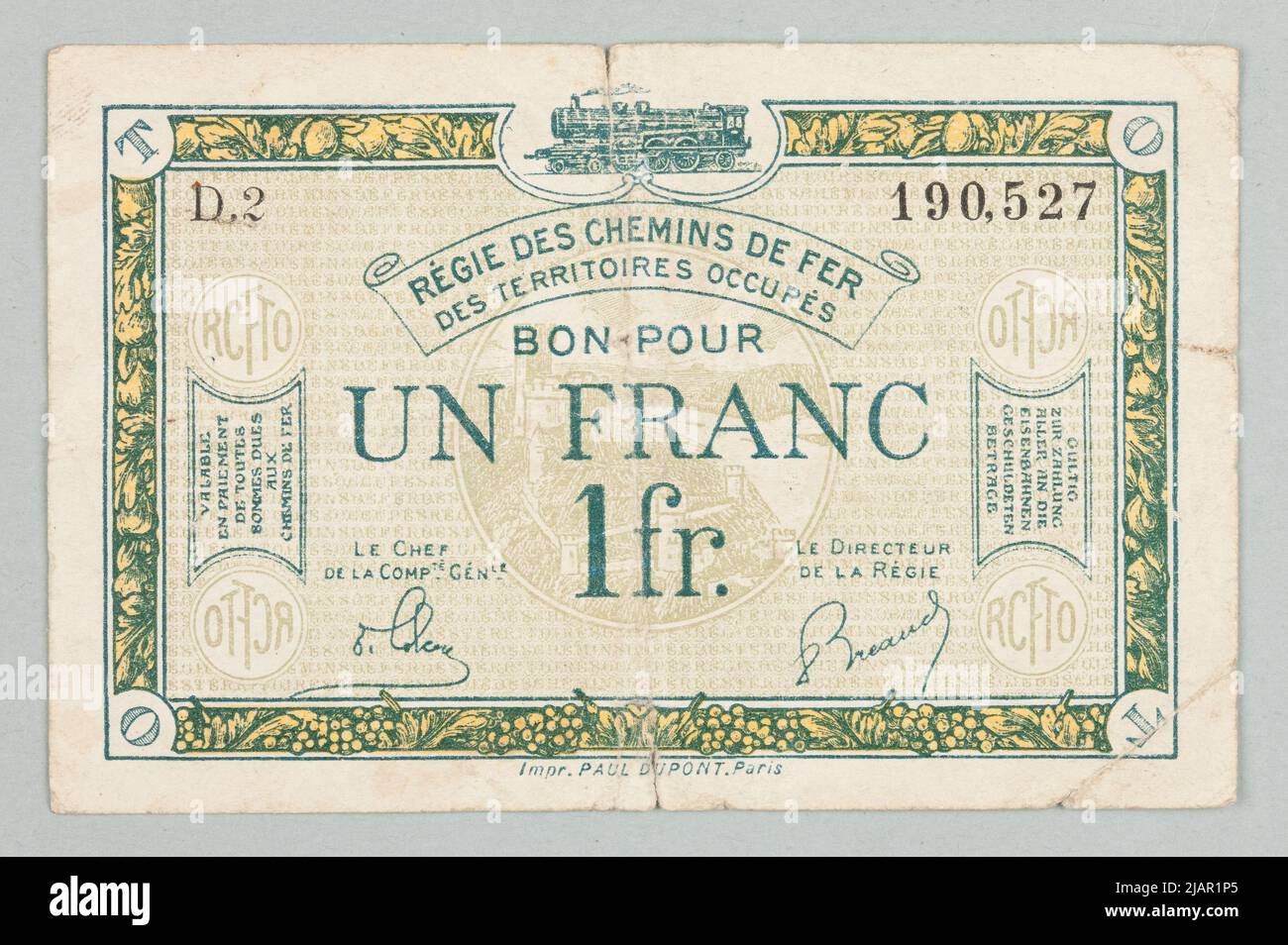 Good a 1 francs, la régie des chemins de fer des territoires occupés, francja, B.R. (1923) Paul Dupont, Paris, Ruaz, Émile Louis de (1868 1931), Vergnot, P. Banque D'Images