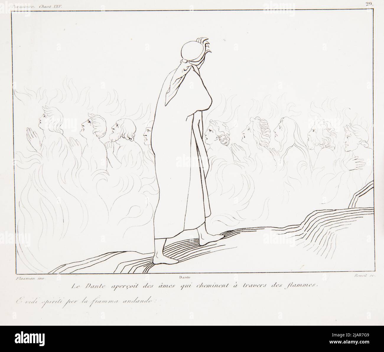 Le Dante réalise les âmes qui traversent les flammes. (Dante Widzi Dusze przechodzące przez płomienie, Z: La Divine Comédie du Dante ), W: Oeurvre de Flaxmann Collection de ses compositions sérieuses par Reveil, avec analyse de la divine Comédie Dante et avis sur Flaxman. Divers sujets. Paris 1847 . FERRERI, Vincenzo (FL. 1845), Flaxman, John (1755 1826), Audot, éditeur de livres, Paris rue du Paon 8, école de médecine Banque D'Images