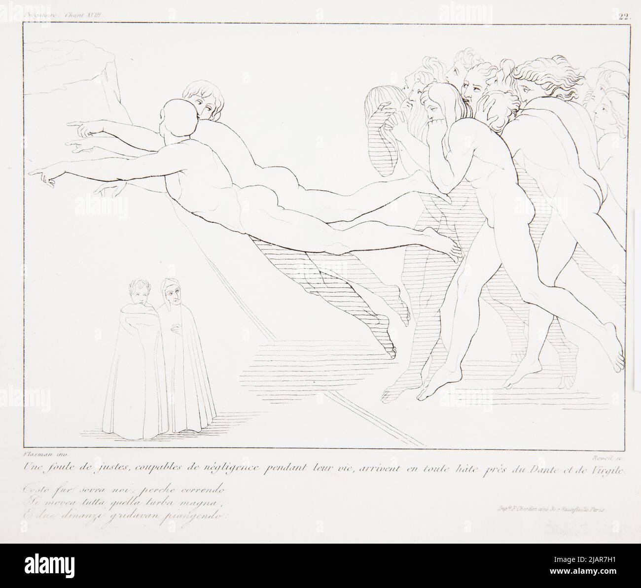 Une foule de justes, coupables de négligence au cours de leur vie, arrive dans toute haine de la dante et de la virgile. (Tłum sprawwedliwych przebiega W pośpiechu obok dantego i wergiliusza, z: La comédie divine de la dante ), w. : Oeurvre de Flaxmann Collection de ses compositions sérieuses par Reveil, avec analyse de la Divine Comédie du Dante et avis sur Flaxman. Divers sujets. Paris 1847 . FERRERI, Vincenzo (FL. 1845), Flaxman, John (1755 1826), Audot, éditeur de livres, Paris rue du Paon 8, école de médecine Banque D'Images