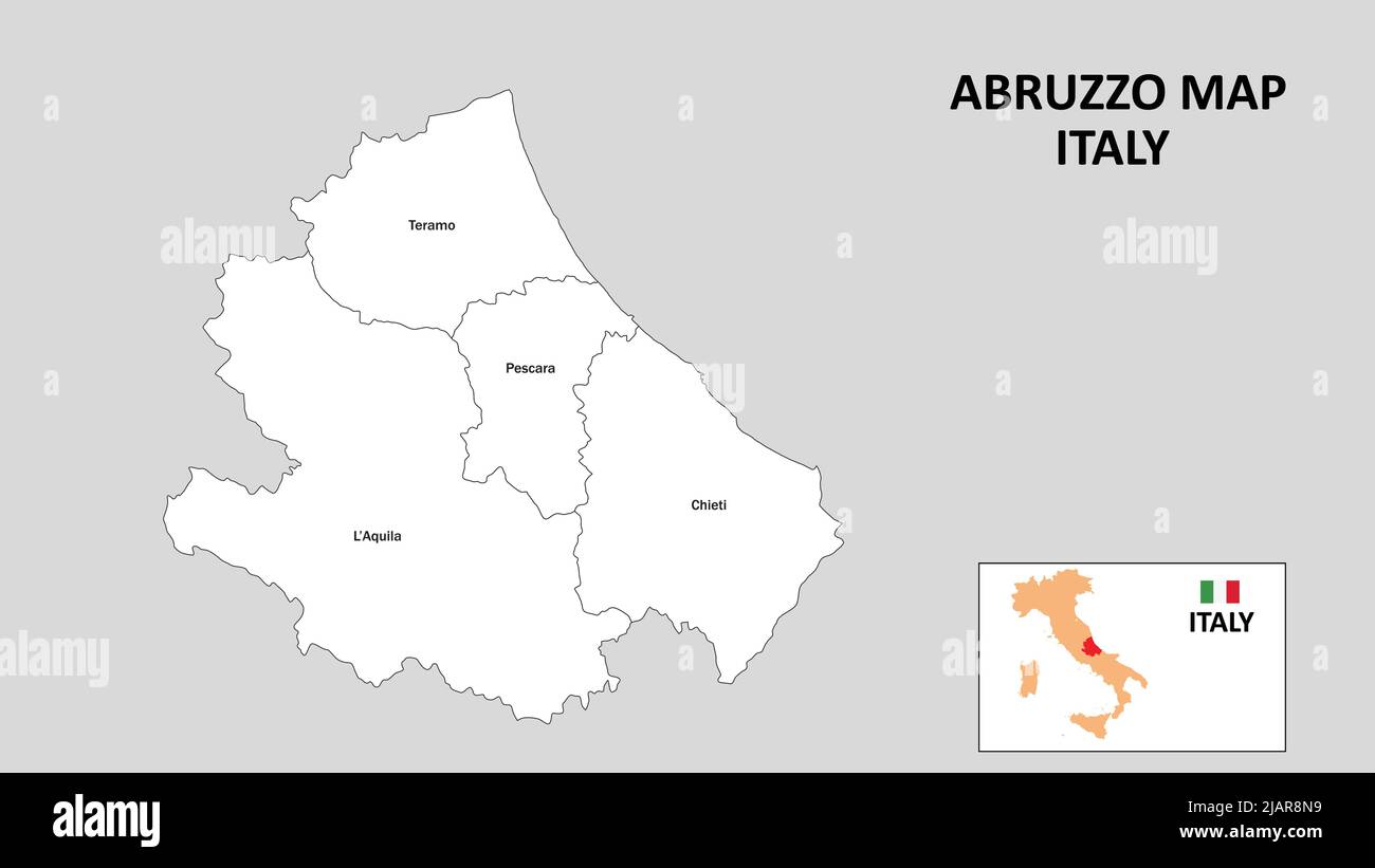 Carte des Abruzzes. Carte de l'état et du quartier des Abruzzes. Carte administrative des Abruzzes avec quartier et capitale en blanc. Illustration de Vecteur