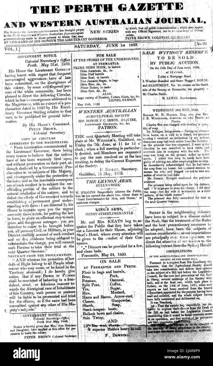 The Perth Gazette et Western Australian Journal, vol. 1, n° 22, PG. 1 environ Samedi, 1 juin 1833 Banque D'Images