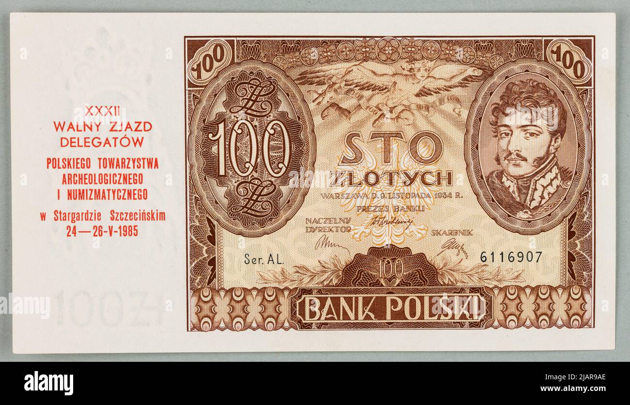 Billet de banque pour PLN 100; BP; 9.11.1934 / 1985 PWPW S.A. Warsaw, Mehoffer, Józef (1869 1946), Vacek, Włodzimerz (1887 1961), Gaspe, Eugène (1873 ) Banque D'Images