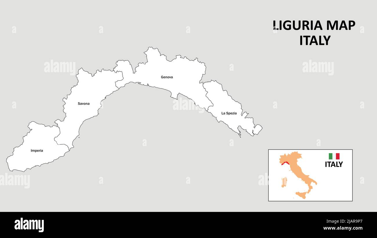 Carte de Ligurie. Carte de l'état et du district de Ligurie. Carte administrative de Ligurie avec quartier et capitale en blanc. Illustration de Vecteur