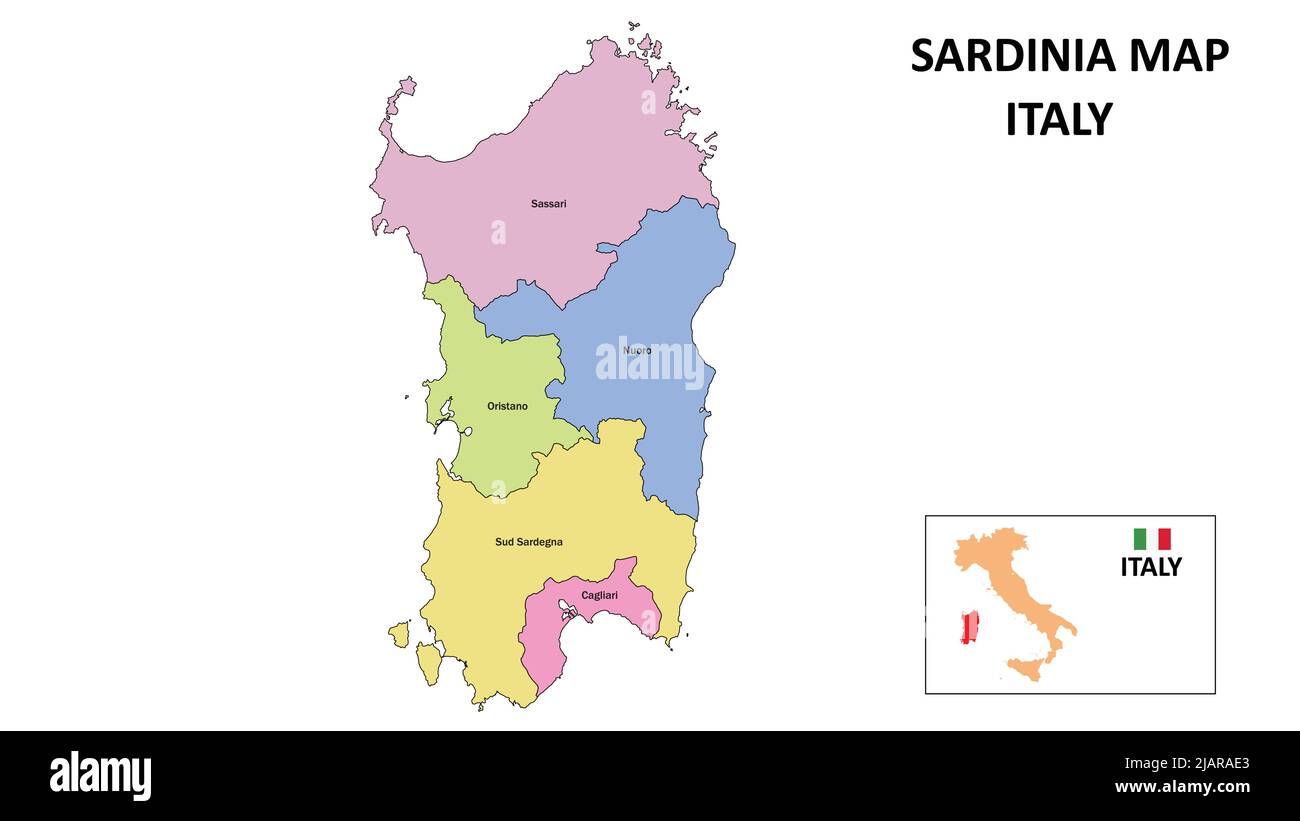 Carte de la Sardaigne. Carte du district de Sardaigne dans carte du district de Sardaigne en couleur avec la capitale. Illustration de Vecteur