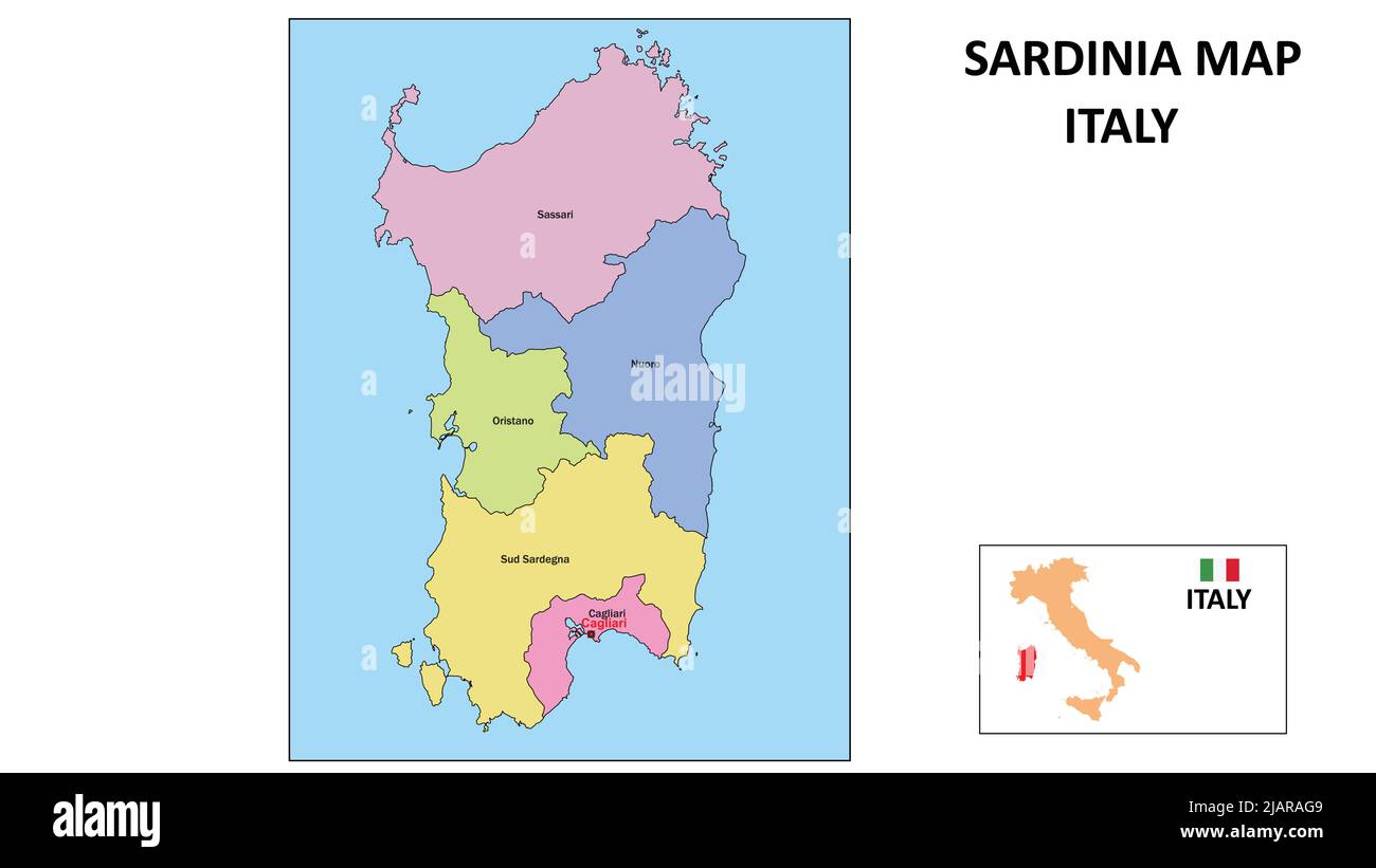 Carte de la Sardaigne. Carte de l'état et du quartier de la Sardaigne. Carte politique de la Sardaigne avec les pays et les frontières voisins. Illustration de Vecteur
