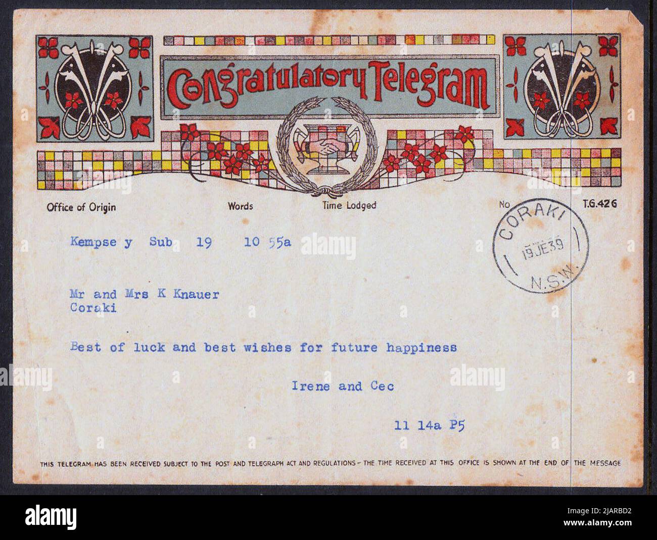 1939 Coraki australien New South Wales télégramme de félicitations Banque D'Images