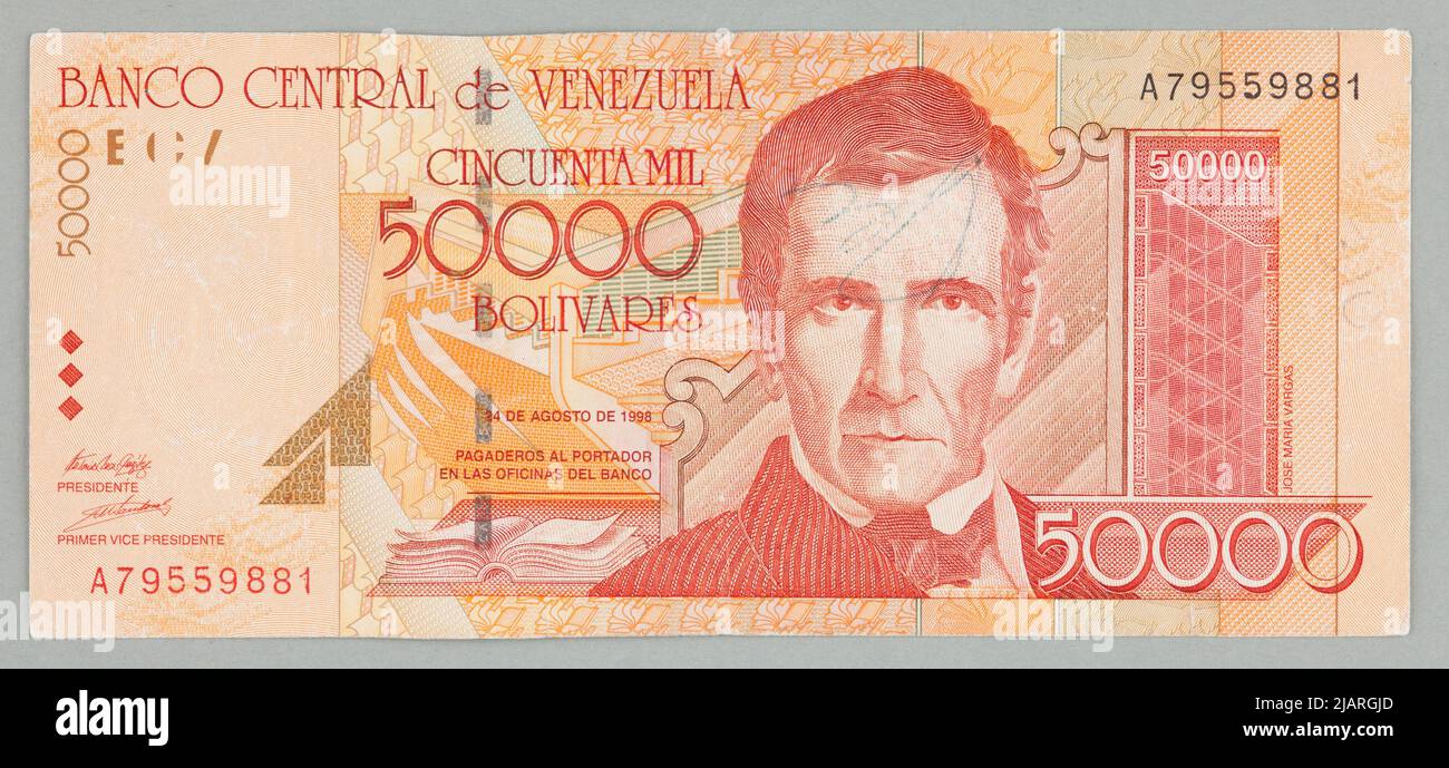 Banknot Na 50 000 Bolivar, Banque centrale du Venezuela, Wenezuela, 24.08.1998 r. La Moneda Casa Venezuela Banque D'Images