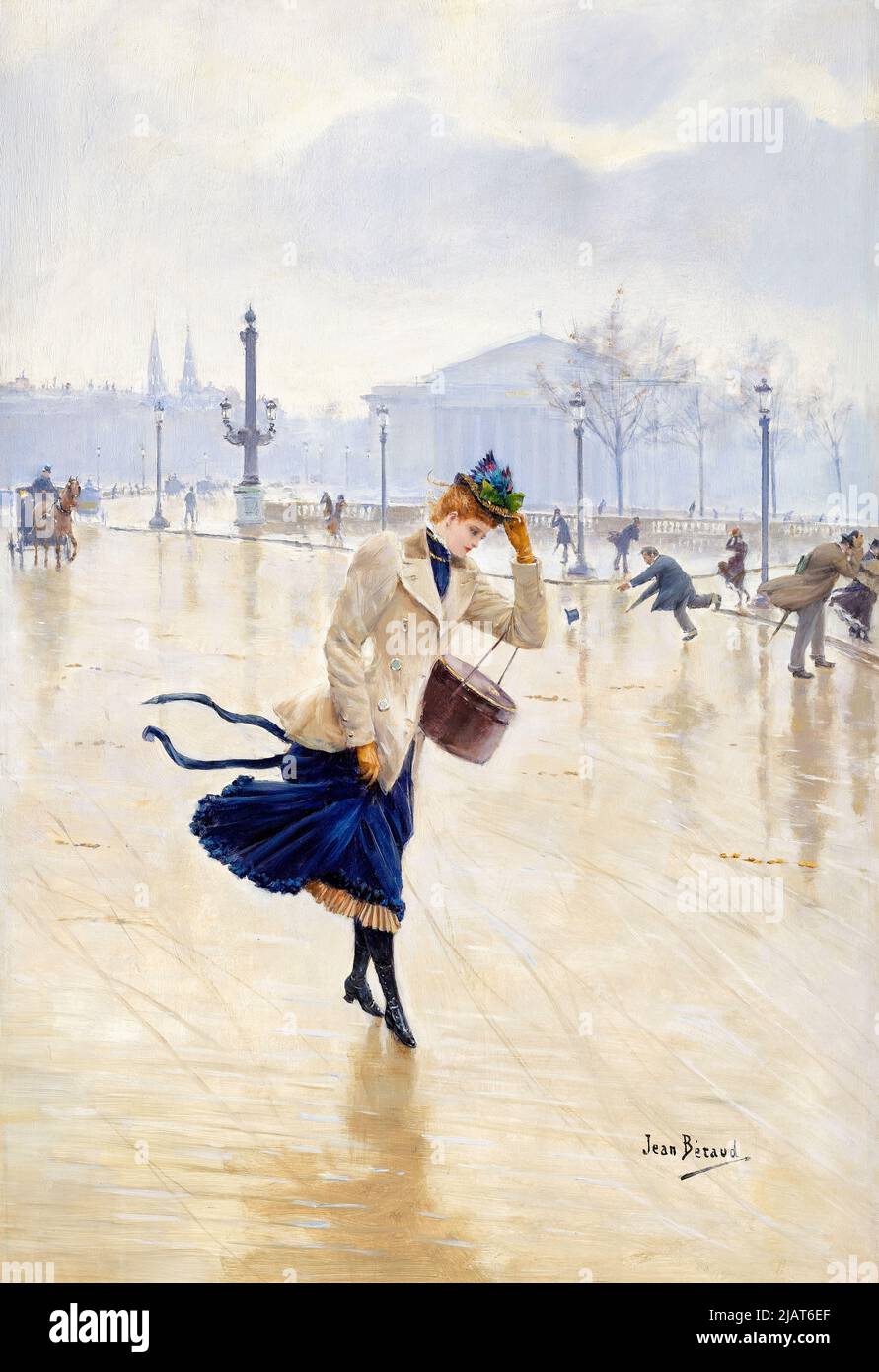 Jean Beraud, Windy Day, place de la Concorde, peinture à l'huile sur panneau, vers 1890 Banque D'Images