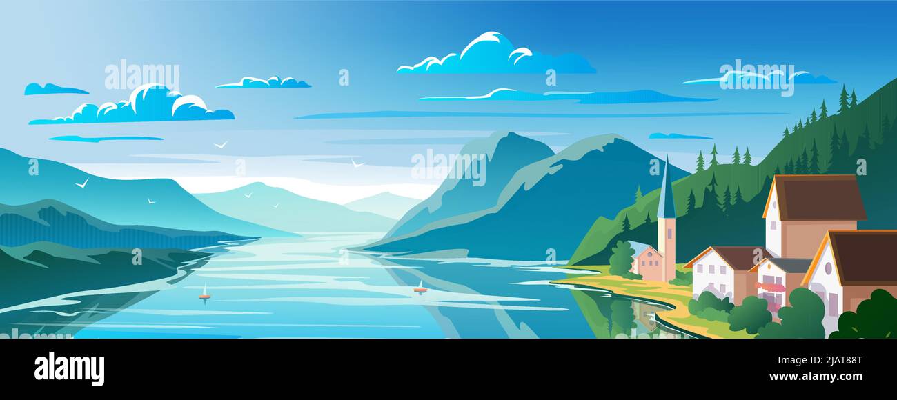 Magnifique paysage, lac de montagne et maisons sur la rive vue panoramique. Illustration de Vecteur
