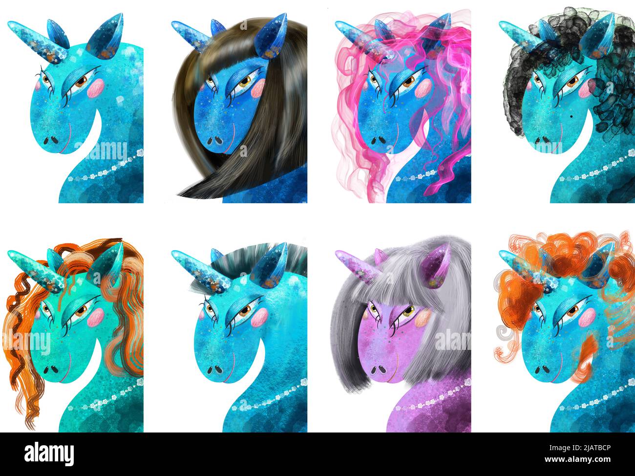 Collection d'illustrations Cute unicorn isolée sur fond blanc Banque D'Images