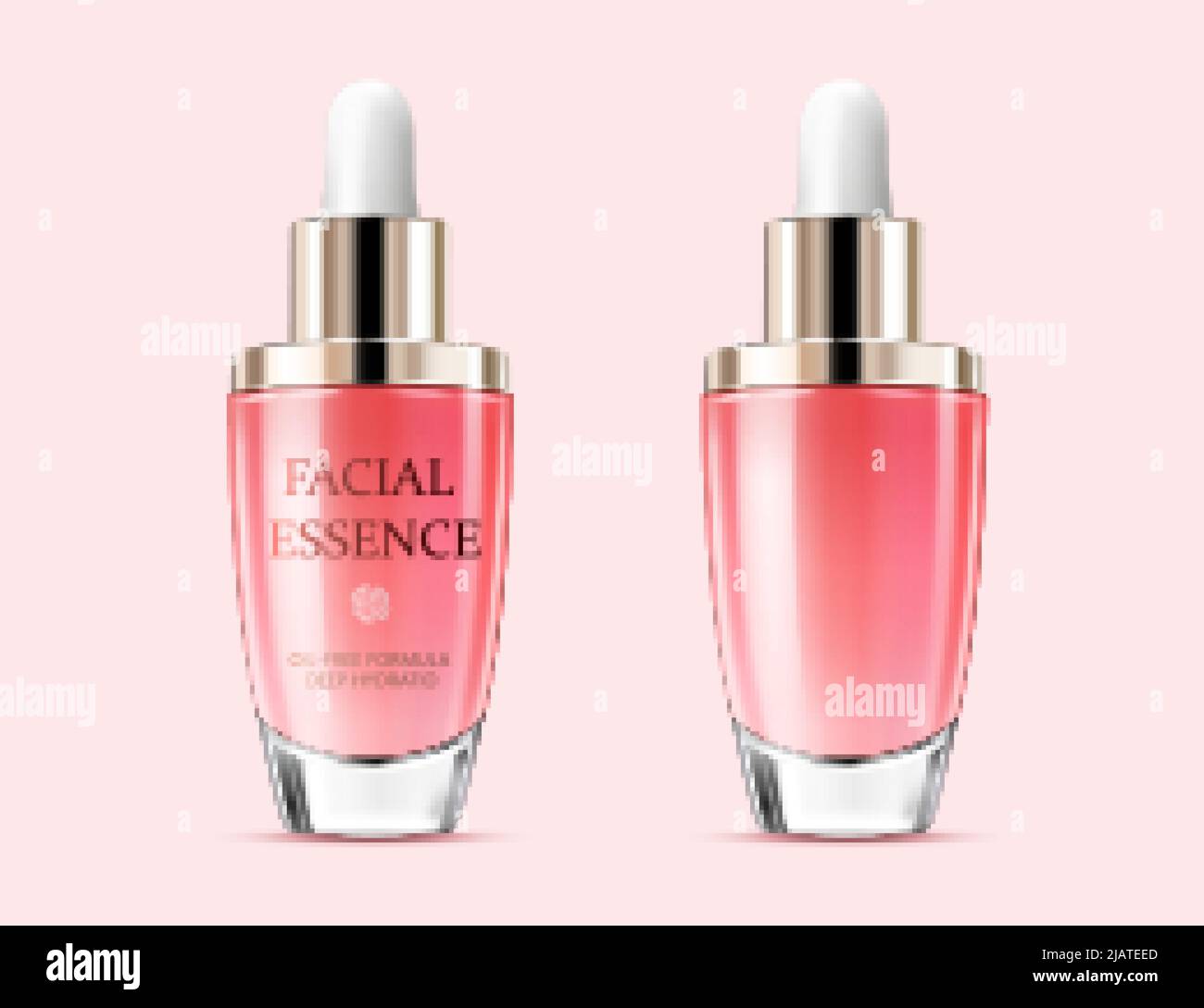 3D maquettes d'essence pour le visage de bouteilles en verre rose avec bouchons d'ampoule blancs isolés sur fond rose clair Illustration de Vecteur