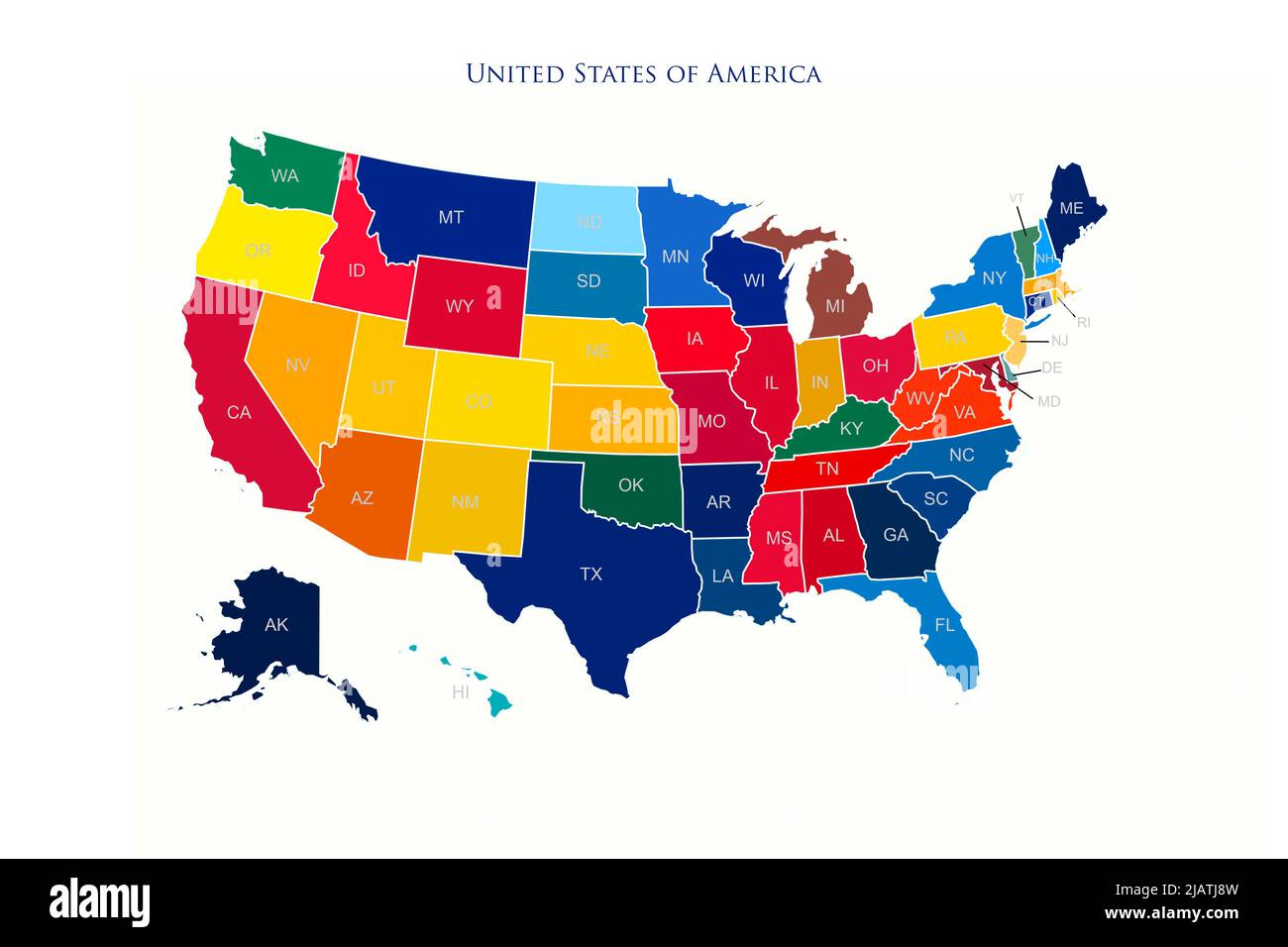 Carte colorée des États-Unis d'Amérique avec illustration des États et des frontières Banque D'Images