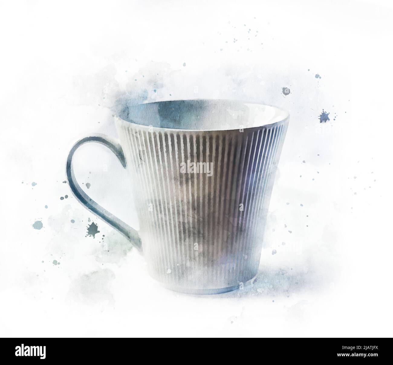 Tasse blanche aquarelle. Tasse de café ou de thé en céramique avec texture boho légère. Peinture réaliste avec élément de cuisine isolé sur fond blanc. Banque D'Images