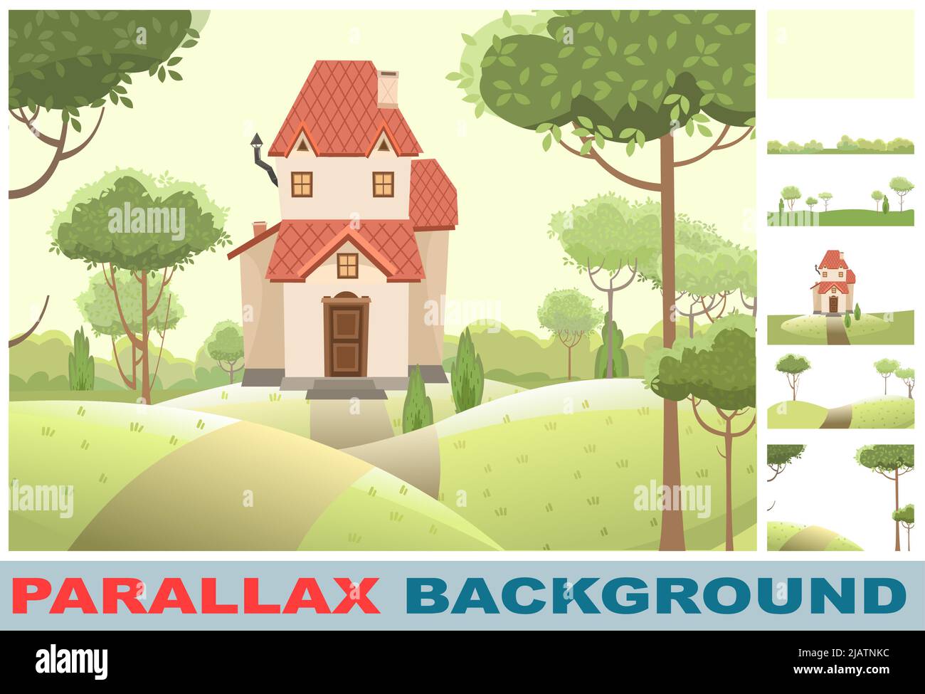 Maison de dessin animé dans les bois parmi les arbres. Définir l'effet de parallaxe. Collines belle, confortable maison de campagne dans le style européen traditionnel. Jolies maisons amusantes. Forêt l Illustration de Vecteur