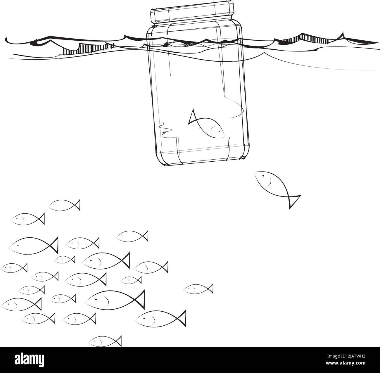 Le poisson regarde un autre coincé dans un pot de confiture Illustration de Vecteur
