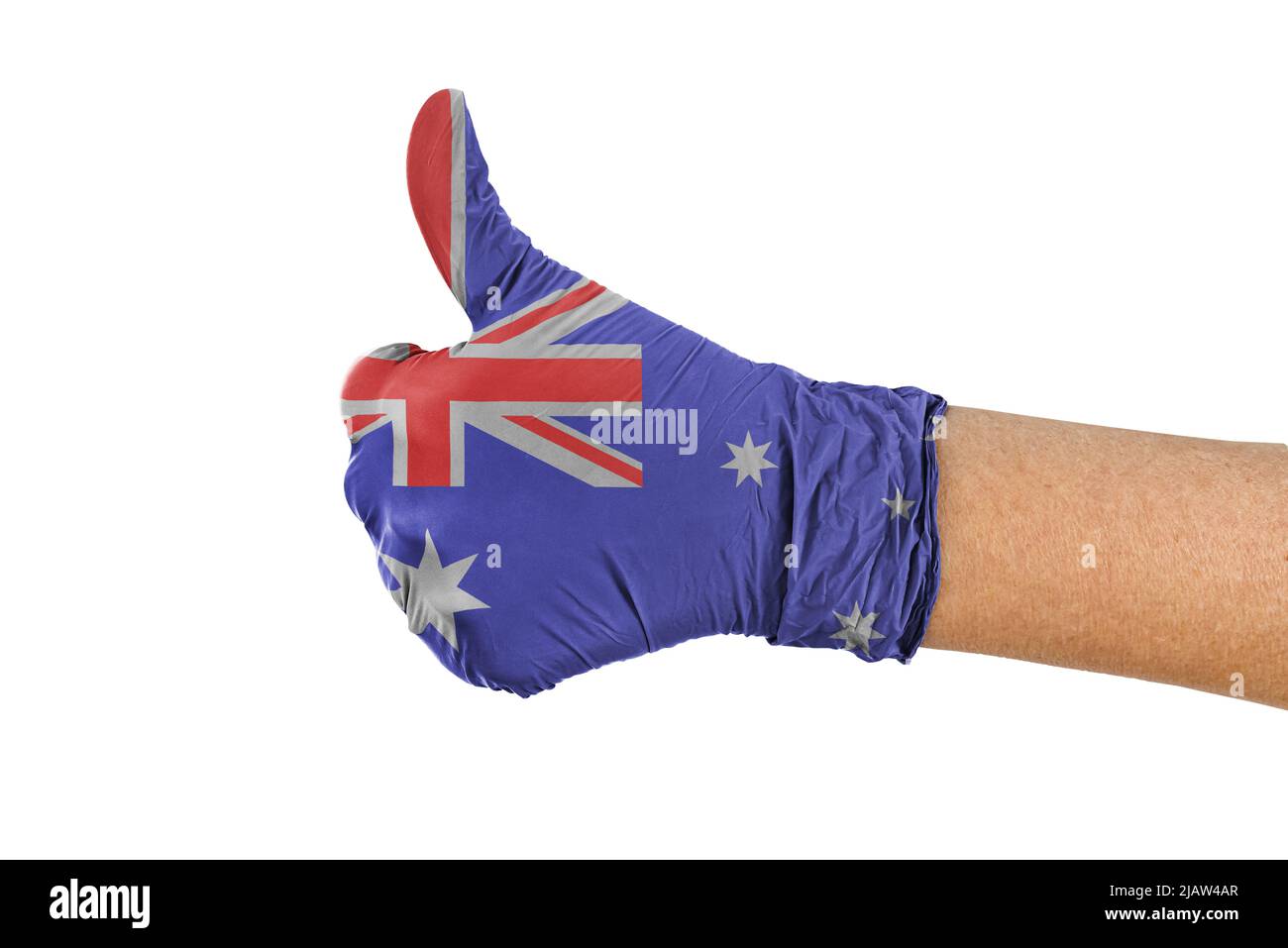 Drapeau de l'Australie sur un gant de main montrant le signe du pouce vers le haut Banque D'Images Drapeau de l'Australie sur un gant de main montrant le signe du pouce vers le haut Banque D'Images