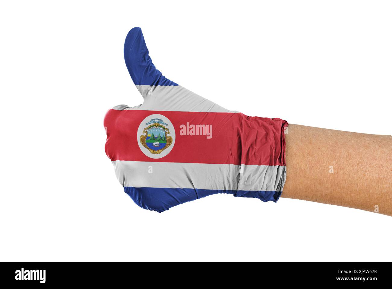 Drapeau du Costa Rica sur un gant médical montrant un signe de pouce vers le haut Banque D'Images Drapeau du Costa Rica sur un gant médical montrant un signe de pouce vers le haut Banque D'Images