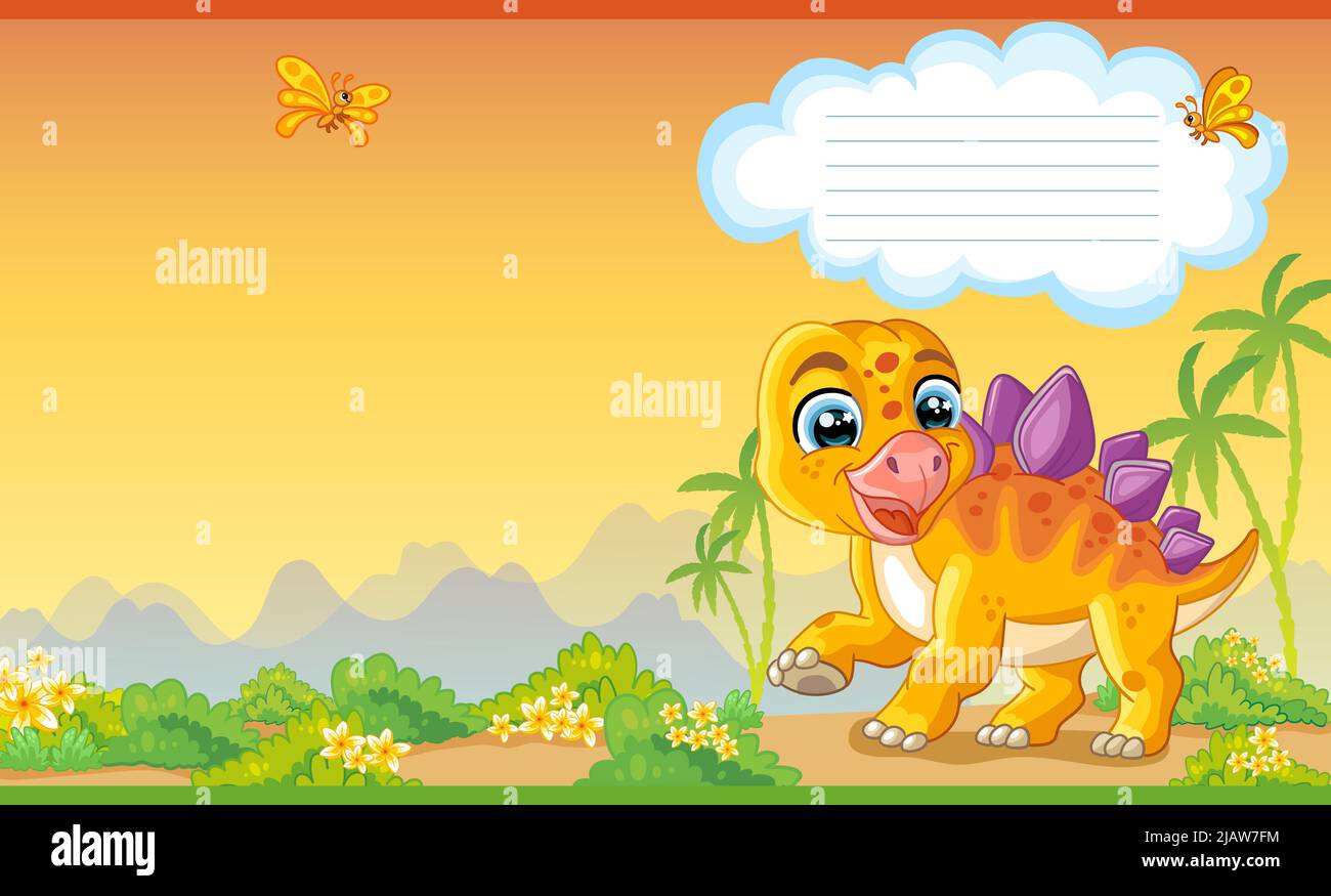Couverture colorée avec un adorable dinosaure stegosaurus dans la nature. Arrière-plan de dessin animé pour enfants. Illustration vectorielle. Couverture de deux pages pour ordinateurs portables, livres, Illustration de Vecteur