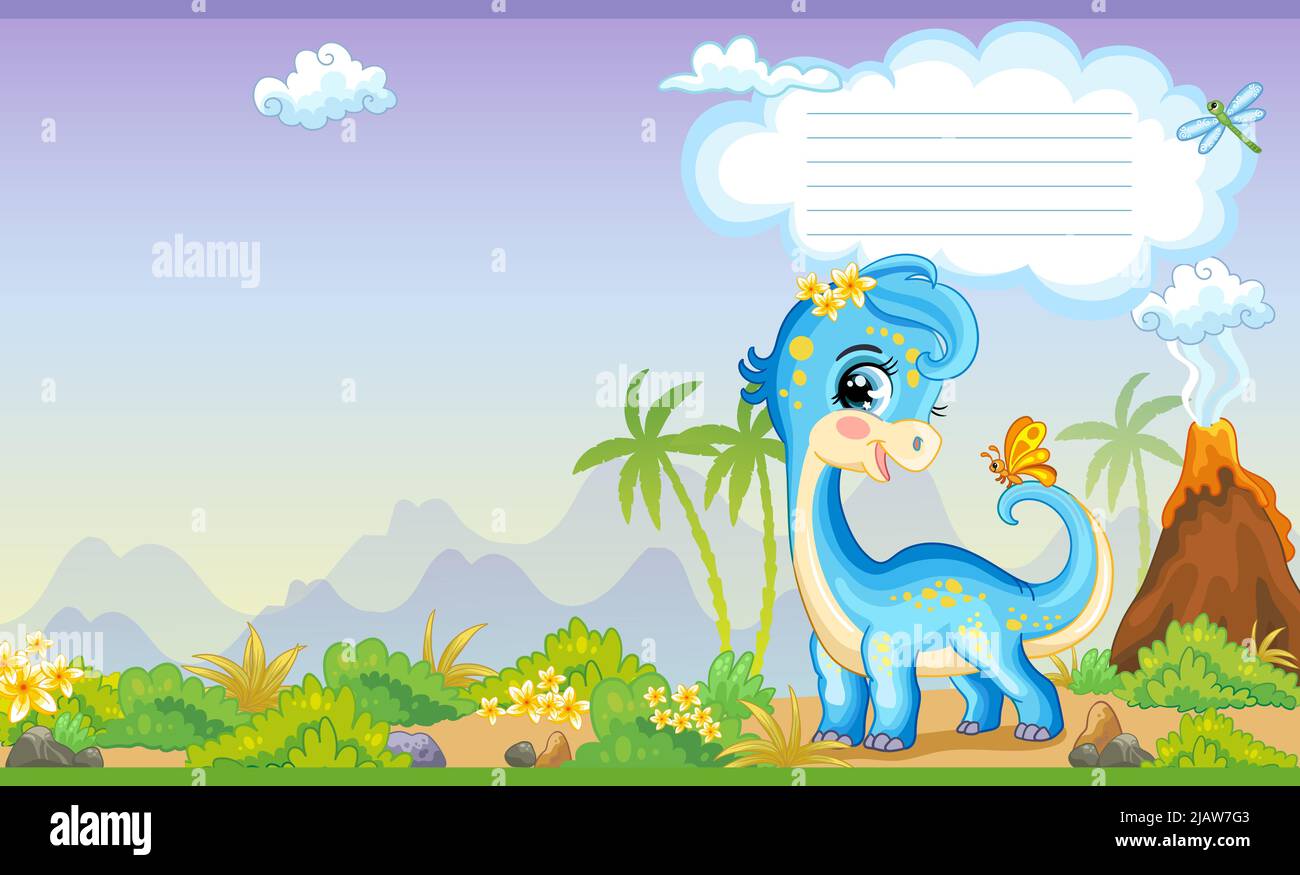 Couverture colorée avec un adorable dinosaure diplodocus dans la nature. Arrière-plan de dessin animé pour enfants. Illustration vectorielle. Couverture de deux pages pour ordinateurs portables, livres, Illustration de Vecteur