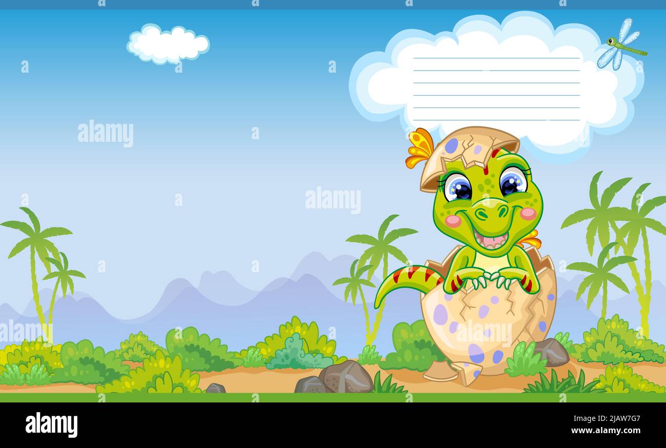 Couverture colorée avec un adorable dinosaure tyrannosaurus dans la nature. Arrière-plan de dessin animé pour enfants. Illustration vectorielle. Couverture de deux pages pour les carnets, livre Illustration de Vecteur