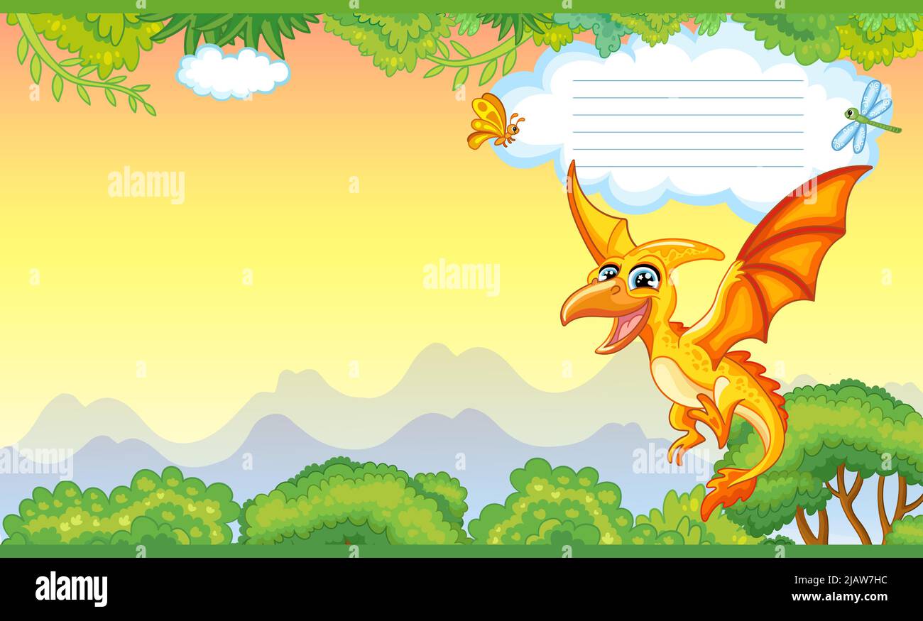 Couverture colorée avec un adorable dinosaure ptérodactyle dans la nature. Arrière-plan de dessin animé pour enfants. Illustration vectorielle. Couverture de deux pages pour ordinateurs portables, livres, Illustration de Vecteur