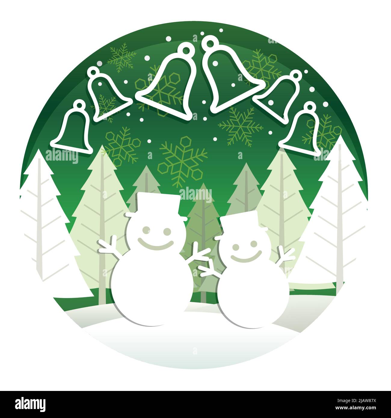 Noël Green Round 3-D relief Illustration avec Forest, Snowman, et Bells isolés sur Un fond blanc. Illustration vectorielle. Illustration de Vecteur