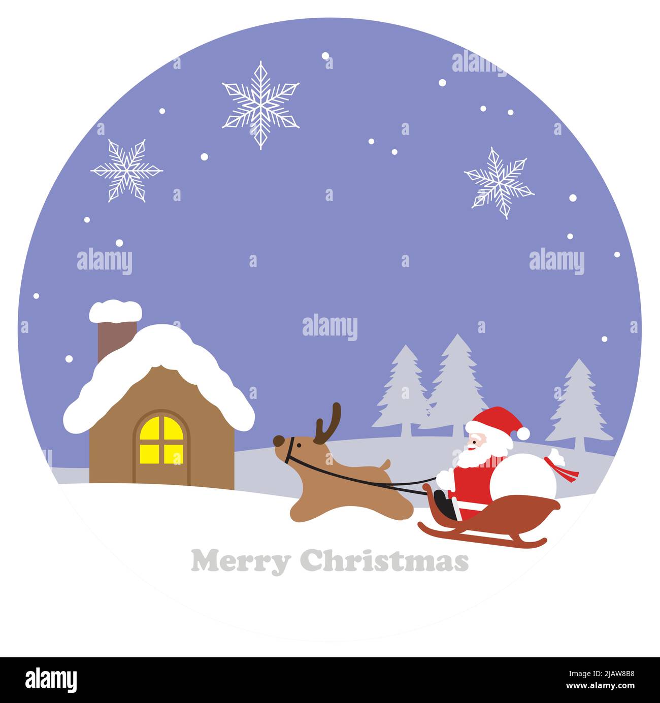 Paysage d'hiver rond avec le Père Noël, Un renne, Un traîneau et Une maison. Illustration vectorielle plate, simple et de style caricatural. Illustration de Vecteur