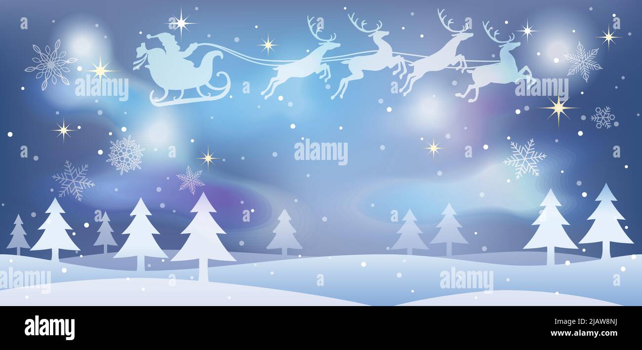 Illustration de Noël avec le Père Noël et les rennes volant au-dessus d'une forêt enneigée. Illustration vectorielle. Illustration de Vecteur