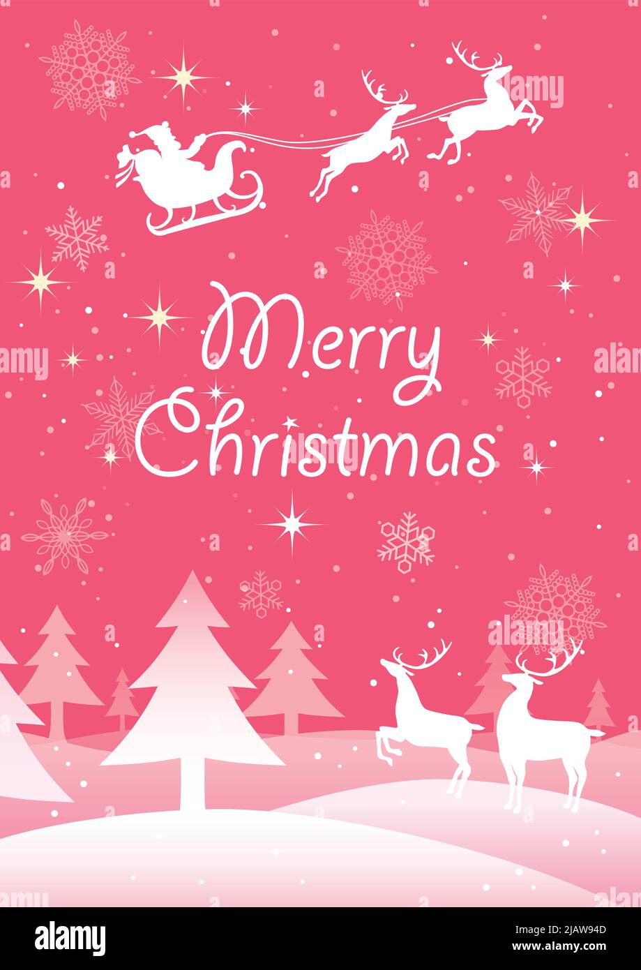 Illustration de fond rose de Noël avec le Père Noël et les rennes volant au-dessus d'une forêt enneigée. Illustration vectorielle avec espace de texte. Illustration de Vecteur