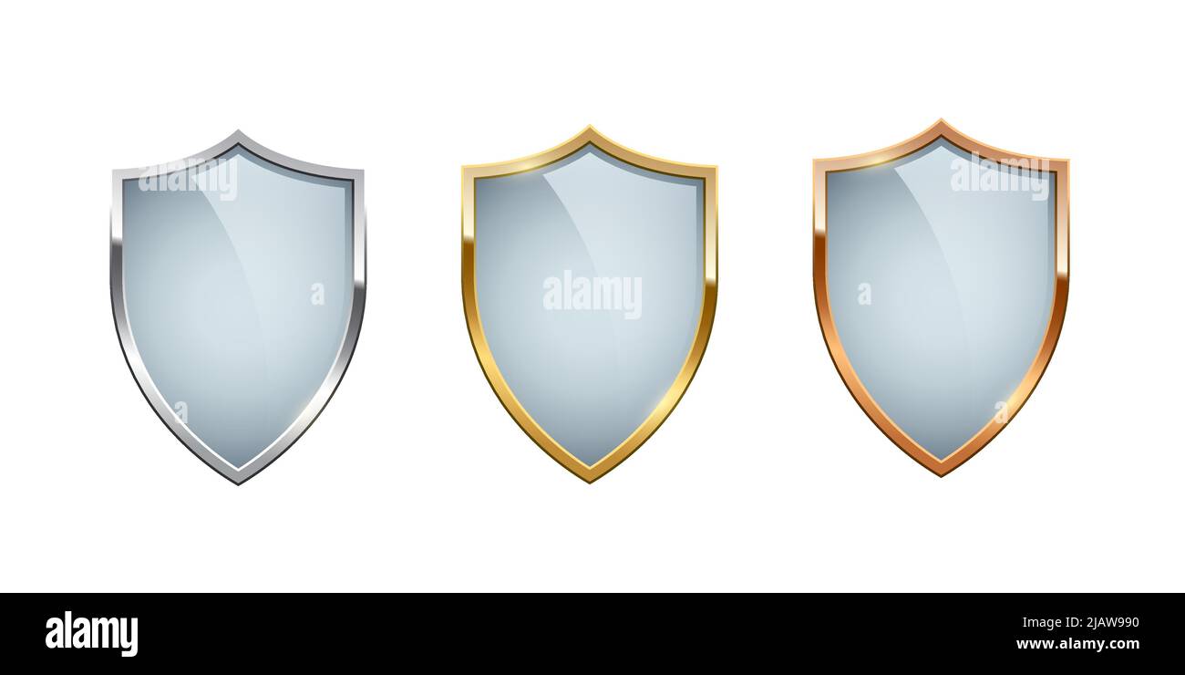 jeu de 3d boucliers avec couvercle en verre, cristal ou acrylique et illustration de vecteur de cadre en or, argent et cuivre. Symbole réaliste d'une protection numérique puissante Illustration de Vecteur