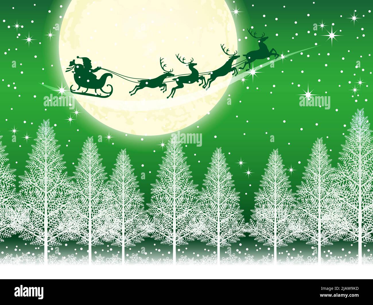 Fond transparent de Noël vert avec Père Noël et rennes qui vole sur la Lune. Répétable horizontalement. Illustration de Vecteur