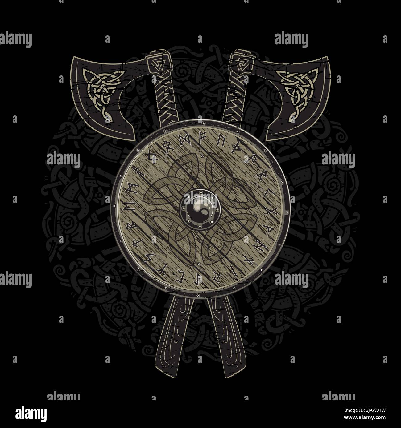 Le design viking, les haches de bataille viking croisées et le bouclier d'un viking avec les runes scandinaves Illustration de Vecteur