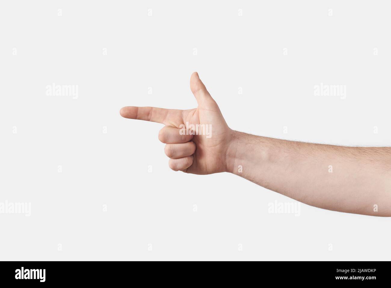 Signe alphabet avec doigt, main mâle en position horizontale avec lettre L isolée sur fond blanc. Langue des signes américaine. Notion : alphabet avec doigt. Banque D'Images