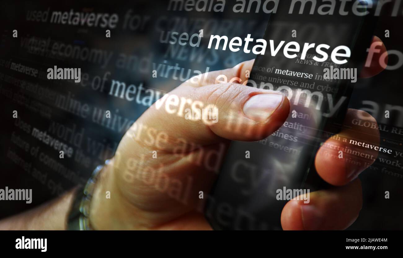 Les médias sociaux sont exposés avec Metaverse, le cyberespace et la vie dans la réalité virtuelle. Recherche sur l'écran d'une tablette, d'un clavier, d'un téléphone ou d'un smartphone en cours. Résumé Banque D'Images