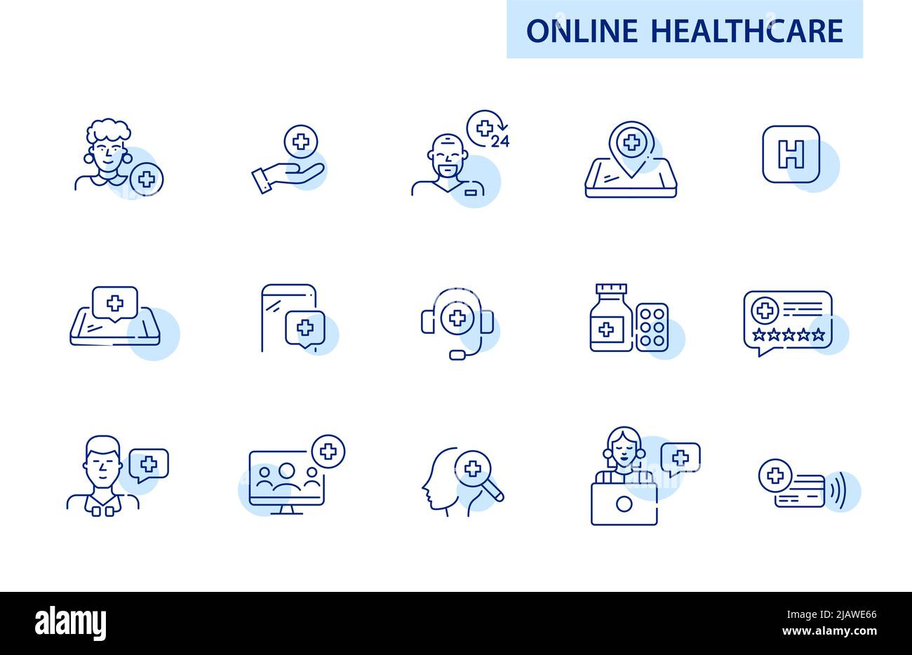 Ensemble d'icônes des services de santé en ligne. Consultation vidéo, assistance, revue et chat. Illustration de trait de trait de pixel parfaite et modifiable Illustration de Vecteur