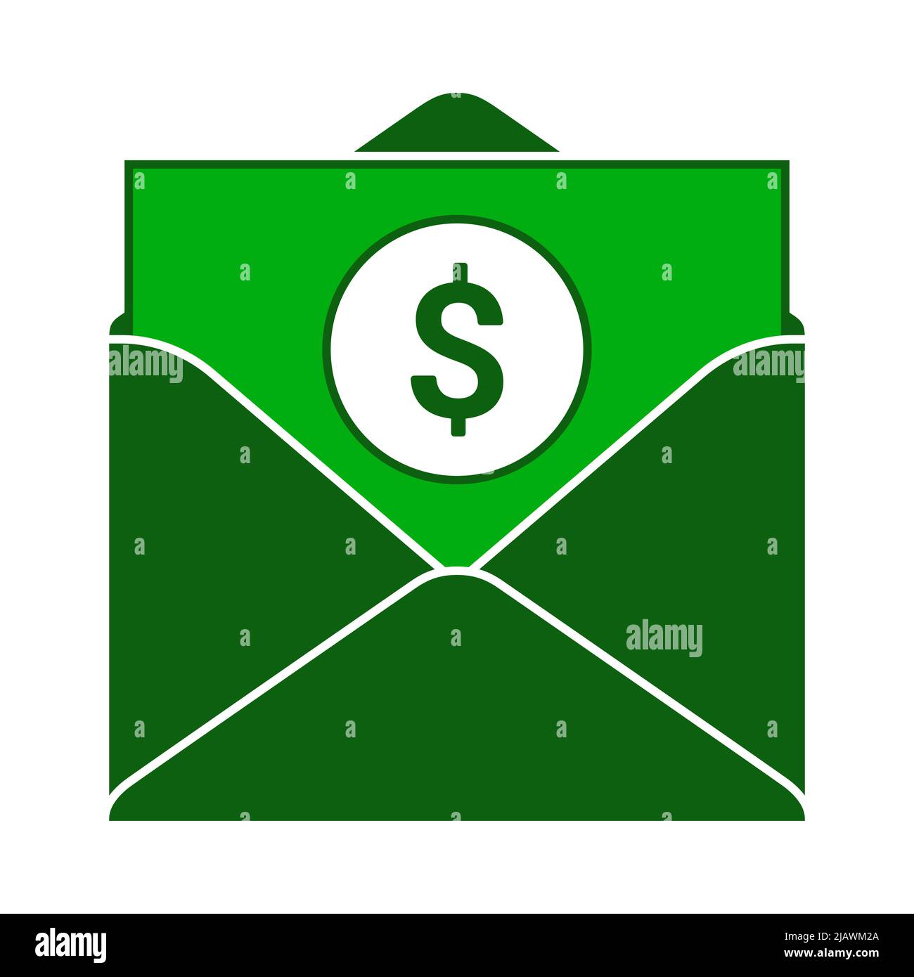Enveloppe verte avec facture en dollars à l'intérieur. Illustration de concept de type plat de réception ou d'envoi d'argent isolée sur un fond blanc. Illustration de Vecteur