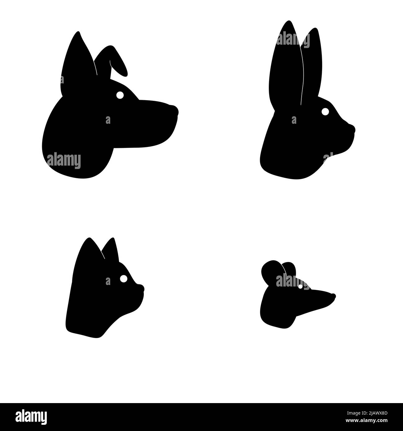 Collection vectorielle d'animaux - chien, chat, lapin, vue latérale de la souris, noir et blanc. Icônes d'animaux pour les logos, les tee-shirts et l'apprentissage des enfants. Illustration de Vecteur